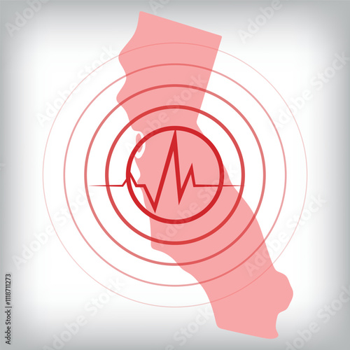 Earthquake, tsunami warning in California, USA. earthquake line and radial lines on the USA map