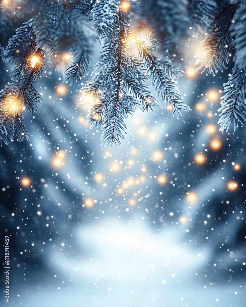 custom made wallpaper toronto digitalA serene winter forest scene featuring pine branches adorned with fairy lights and gently falling snowflakes, perfect for holiday cards, winter decorations, and festive celebrations.