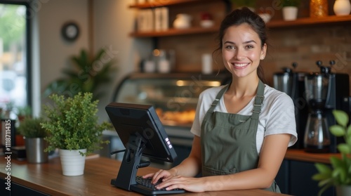 Portrait of Young Woman Working in Café with Modern POS System – High-Quality 4K Photography. Cheerful Barista at Coffee Shop Counter Using Touchscreen POS Terminal.