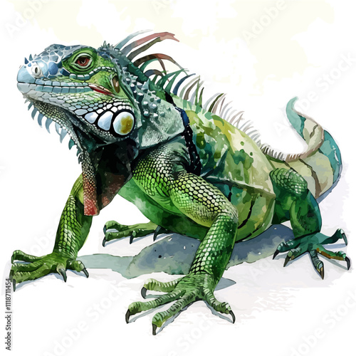 A watercolor painting of a Green Iguana, isolated on a white background. Iguana vector.