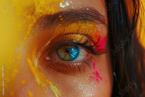 Close up female eye with colorful Holi festival makeup. photo