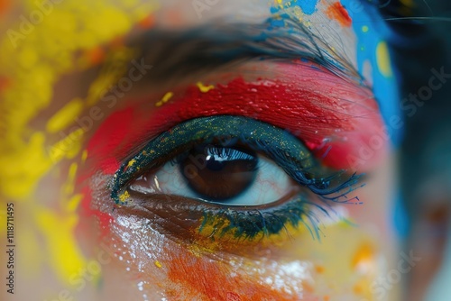 Close up female eye with colorful Holi festival makeup. photo