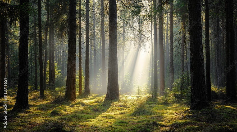 Obraz premium Hiking through a dense pine forest, with sunlight streaming through the trees.