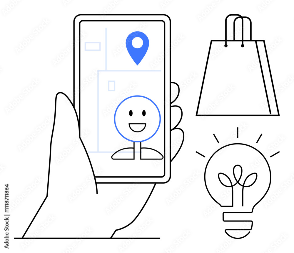 Hand holding a smartphone displaying a happy face with a location pin, a shopping bag, and a lightbulb. Ideal for technology, navigation, online shopping, innovation, creativity, user experience app Hand holding a smartphone displaying a happy face with a location pin, a shopping bag, and a lightbulb. Ideal for technology, navigation, online shopping, innovation, creativity, user experience app