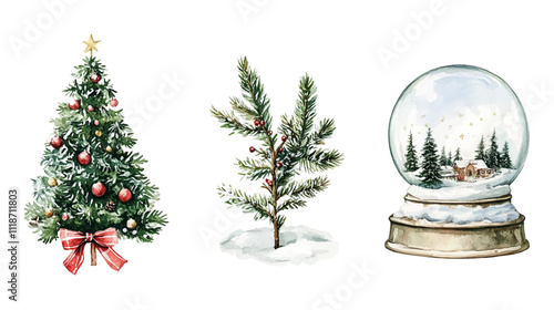 Watercolor vector illustration set featuring a decorated Christmas tree, a festive stocking filled with greenery, and a snow globe with a winter scene. Christmas Tree, Stocking, and Snow Globe