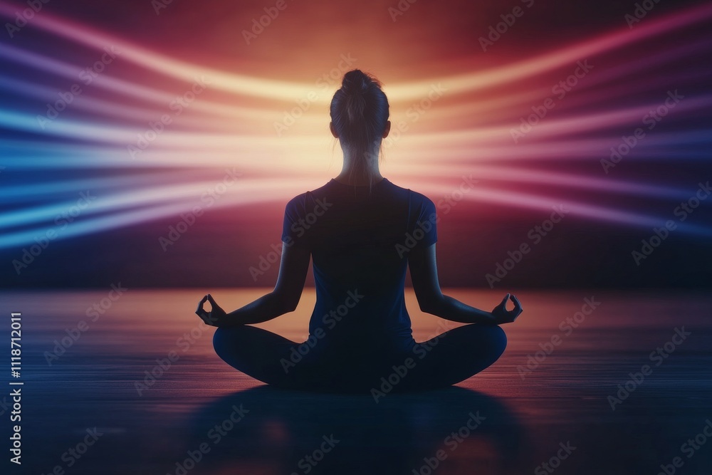 Meditating figure silhouetted against colorful lighting in a serene environment Meditating figure silhouetted against colorful lighting in a serene environment