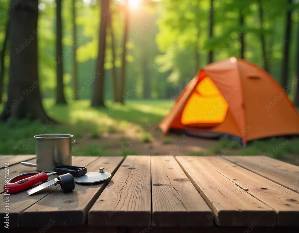 A empty wooden table in the foreground with a tent and trees in the blurred background, suggesting an outdoor camping scene in a forest A empty wooden table in the foreground with a tent and trees in the blurred background, suggesting an outdoor camping scene in a forest
