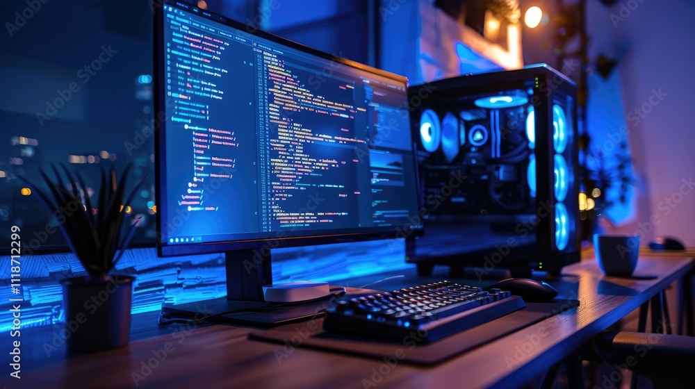 A sophisticated coding setup with dual monitors displaying software development in progress, in a room lit by the ambient glow of neon lights. A sophisticated coding setup with dual monitors displaying software development in progress, in a room lit by the ambient glow of neon lights.