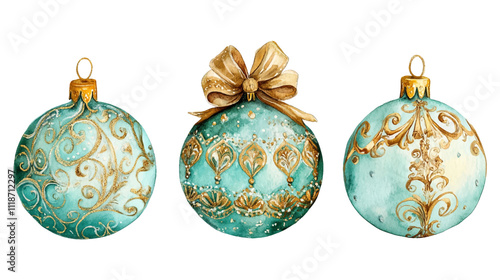 Watercolor set of elegant Christmas tree balls in teal and gold with intricate designs and bows, Merry christmas and Happy new year vector illustration isolated on white background.