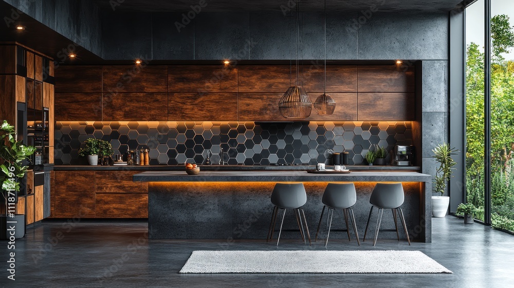Modern industrial kitchen with dark wood cabinets, hexagon tile backsplash, and island with seating. Modern industrial kitchen with dark wood cabinets, hexagon tile backsplash, and island with seating.
