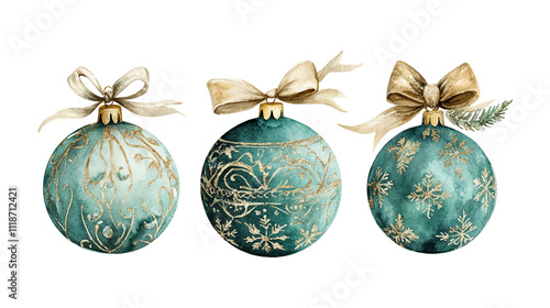 Watercolor set of elegant Christmas tree balls in teal and gold with intricate designs and bows, Merry christmas and Happy new year vector illustration isolated on white background.