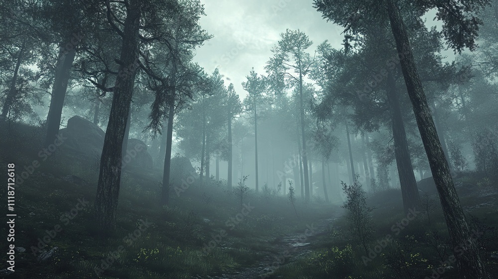 Obraz premium Navigating through a fog-covered forest, with mist clinging to the trees.