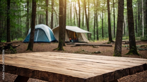 A empty wooden table in the foreground with a tent and trees in the blurred background, suggesting an outdoor camping scene in a forest