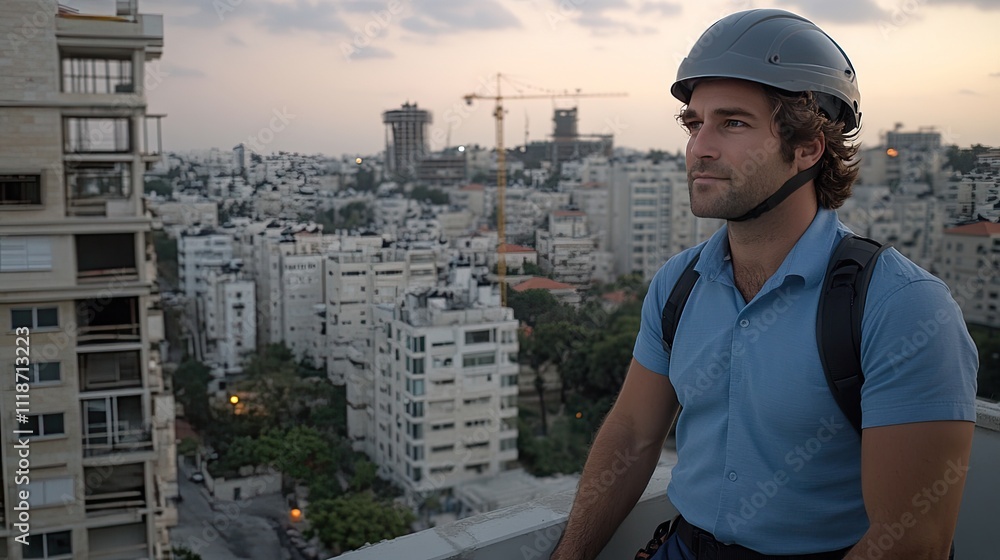 A construction worker wearing an orange hard hat and backpack gazes thoughtfully at the skyline during sunset, showcasing the city's development and urban landscape. A construction worker wearing an orange hard hat and backpack gazes thoughtfully at the skyline during sunset, showcasing the city's development and urban landscape.