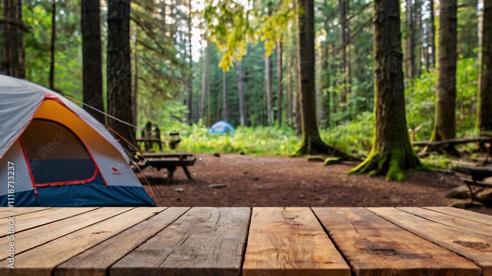 © organik - A empty wooden table in the foreground with a tent and trees in the blurred background, suggesting an outdoor camping scene in a forest © organik - A empty wooden table in the foreground with a tent and trees in the blurred background, suggesting an outdoor camping scene in a forest