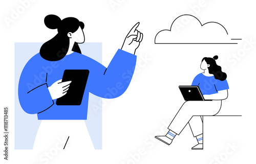 Two women interacting, one holding a tablet and pointing, the other using a laptop outside. Ideal for teamwork, digital communication, remote work, technology, education, brainstorming, creativity