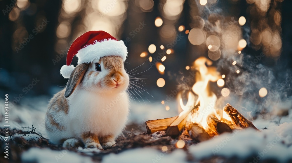 A fluffy bunny in a Santa hat, sitting beside a warm campfire in a forest during the holiday season. Medium close-up shot. A fluffy bunny in a Santa hat, sitting beside a warm campfire in a forest during the holiday season. Medium close-up shot.