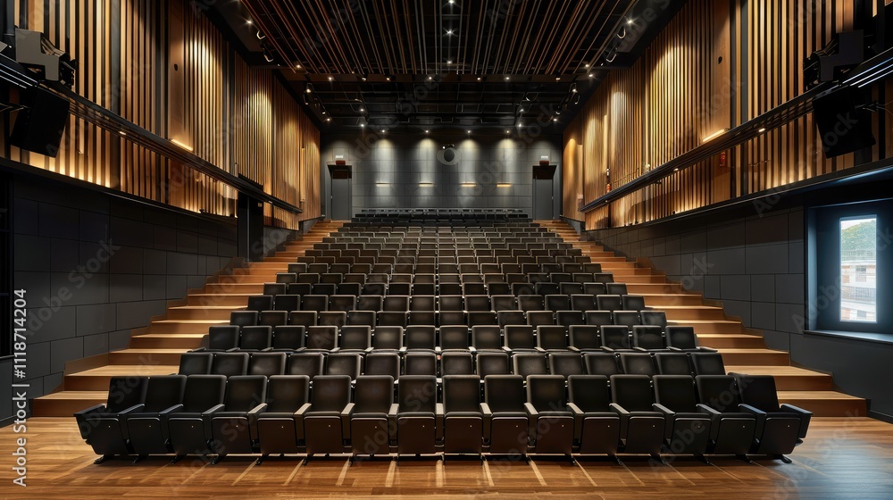 Empty modern auditorium with tiered seating, warm wooden flooring, and dark paneling. Empty modern auditorium with tiered seating, warm wooden flooring, and dark paneling.
