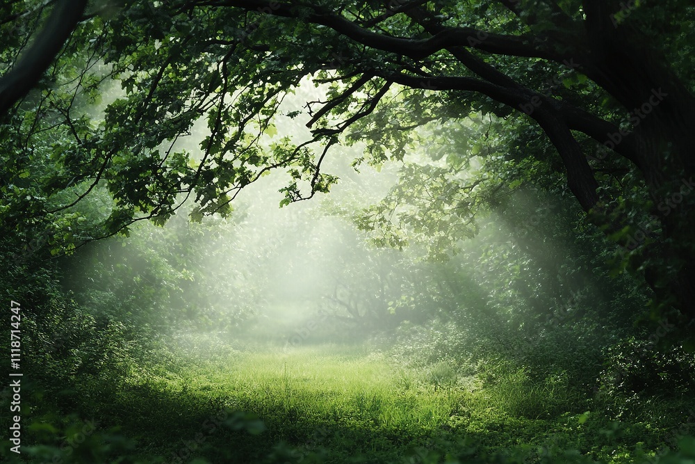 Fototapeta premium Sunlight filters through trees in a serene forest clearing during early morning hours