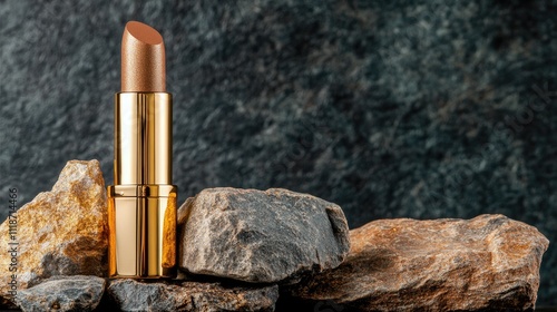 A golden lipstick tube stands out against a backdrop of rugged gray stones, showcasing a unique blend of beauty and nature in a striking visual contrast. photo