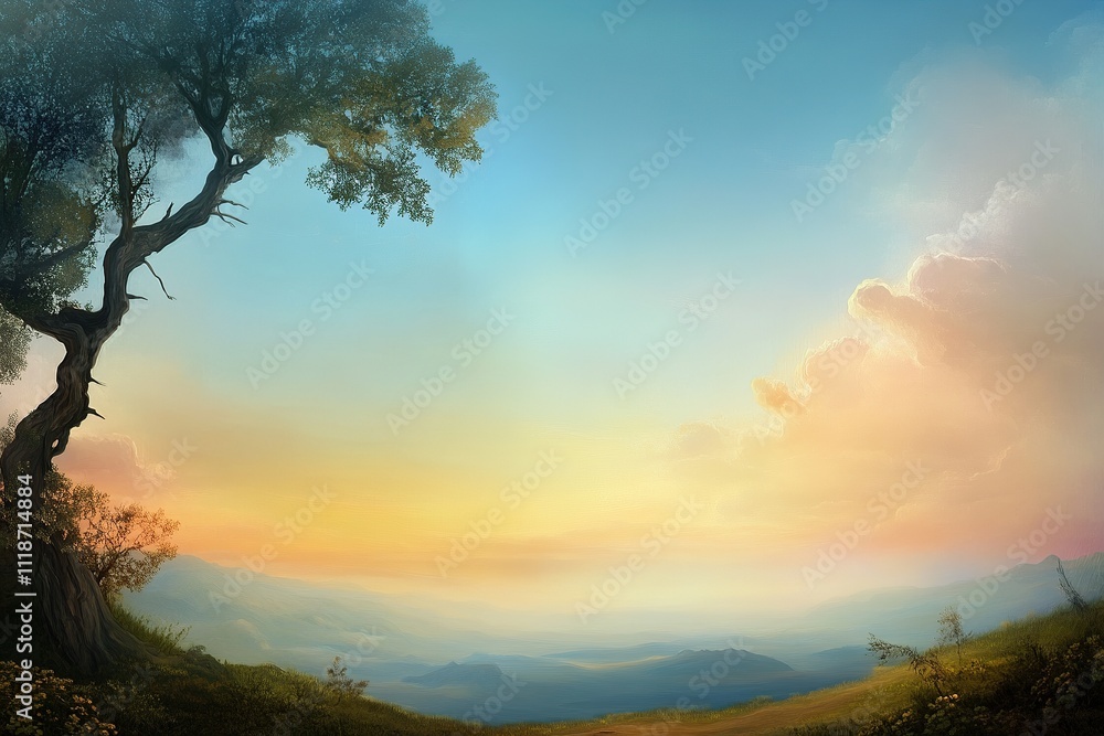 Naklejka premium Sunset over rolling hills with a lone tree reflecting golden and blue hues in the sky