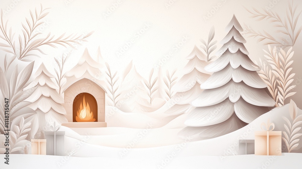 Fototapeta premium Serene Winter Landscape with Cozy Fireplace and Gift Boxes