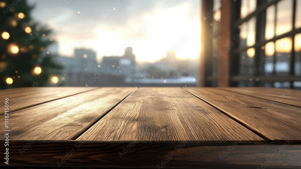Cozy Wooden Table with Soft Morning Light and Bokeh Background Cozy Wooden Table with Soft Morning Light and Bokeh Background