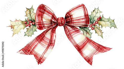 Christmas bow with a red plaid pattern, adorned with holly leaves and berries, delicately painted in watercolor, set against a plain white background for seasonal designs.
