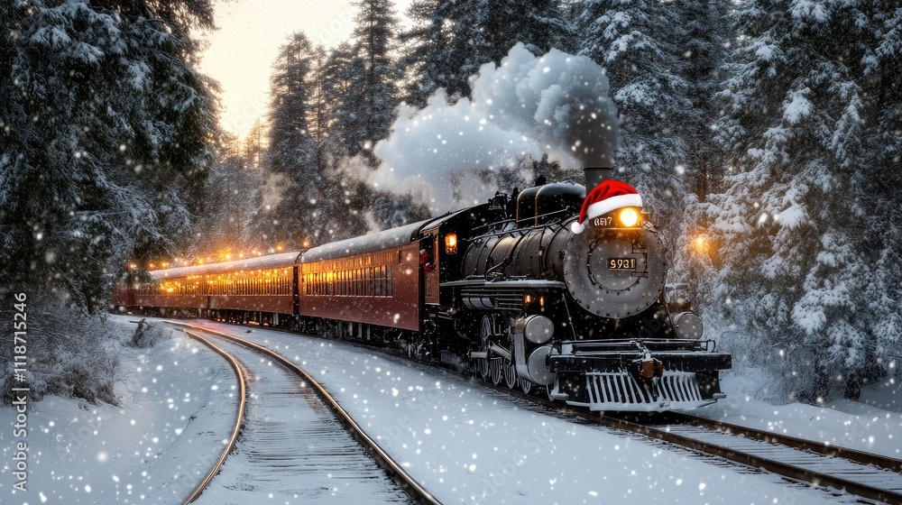 A steam train adorned with a Santa hat moves through a snowy landscape, surrounded by soft glows of warm lights and falling snowflakes during a winter evening. A steam train adorned with a Santa hat moves through a snowy landscape, surrounded by soft glows of warm lights and falling snowflakes during a winter evening.
