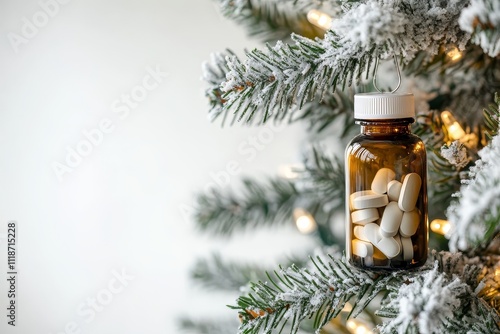 The bottle hangs as a decorative ornament on a green snow-covered Christmas tree branch. A small bottle with a brown plastic amber glass lid filled with beige capsules is filled with beige capsules. T photo