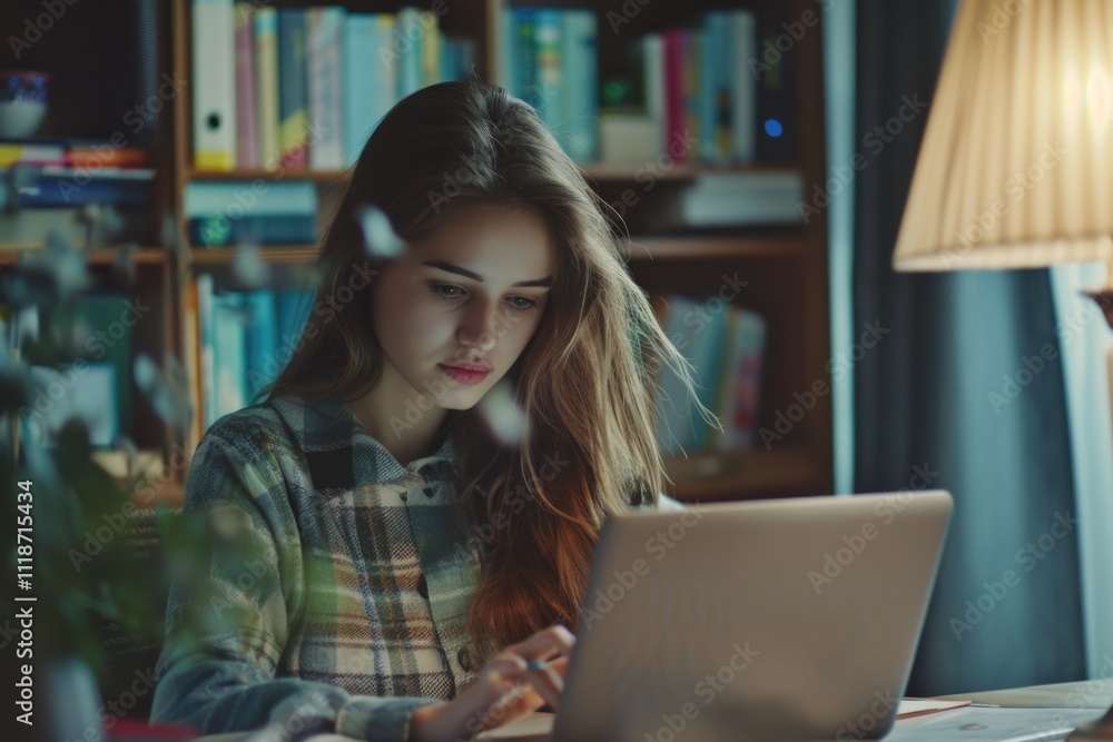 Young woman working or studying from home with laptop. Young woman working or studying from home with laptop.