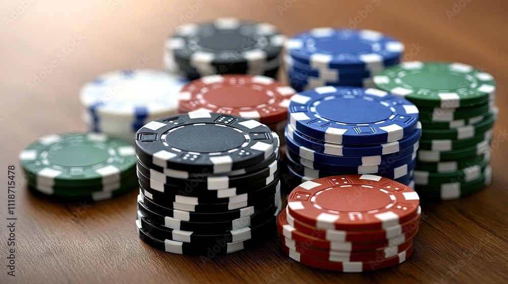 Players prepare for an exciting poker game with stacks of various colored chips on a polished wooden table, creating a vibrant and festive atmosphere Players prepare for an exciting poker game with stacks of various colored chips on a polished wooden table, creating a vibrant and festive atmosphere