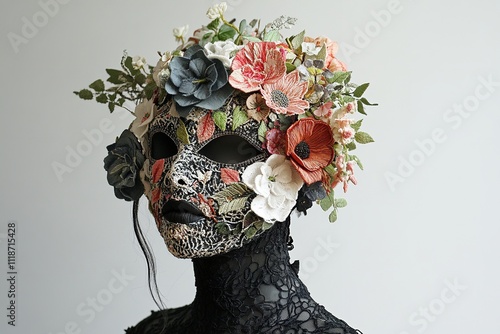 Elaborate mask made of fabric, nature inspired, layered embroidery photo