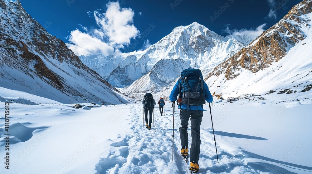 Trekking through a snowy mountain pass, with backpacks and trekking poles. Trekking through a snowy mountain pass, with backpacks and trekking poles.