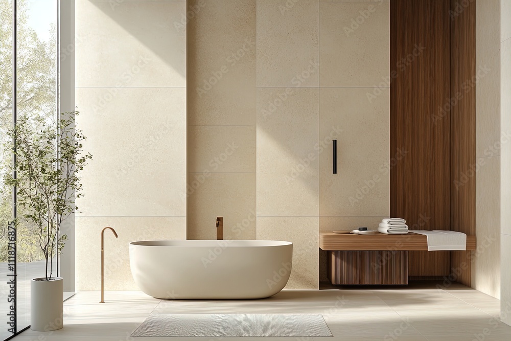 Elegant modern bathroom featuring a large freestanding tub and minimalist wooden accents in bright sunlight Elegant modern bathroom featuring a large freestanding tub and minimalist wooden accents in bright sunlight