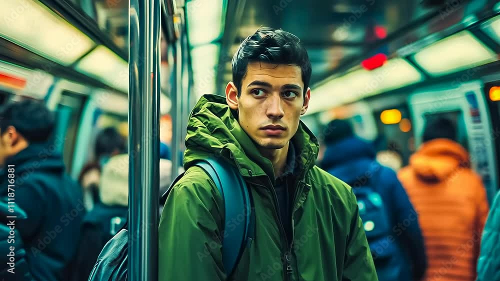 A young Caucasian male stands, lost in thought, on a bustling subway during evening rush hour, wearing a green jacket and a serious expression. A young Caucasian male stands, lost in thought, on a bustling subway during evening rush hour, wearing a green jacket and a serious expression.