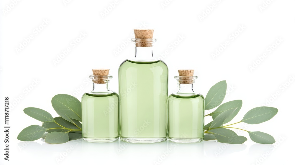 Elegant Green Glass Bottles Surrounded by Fresh Leaves on White Background Elegant Green Glass Bottles Surrounded by Fresh Leaves on White Background