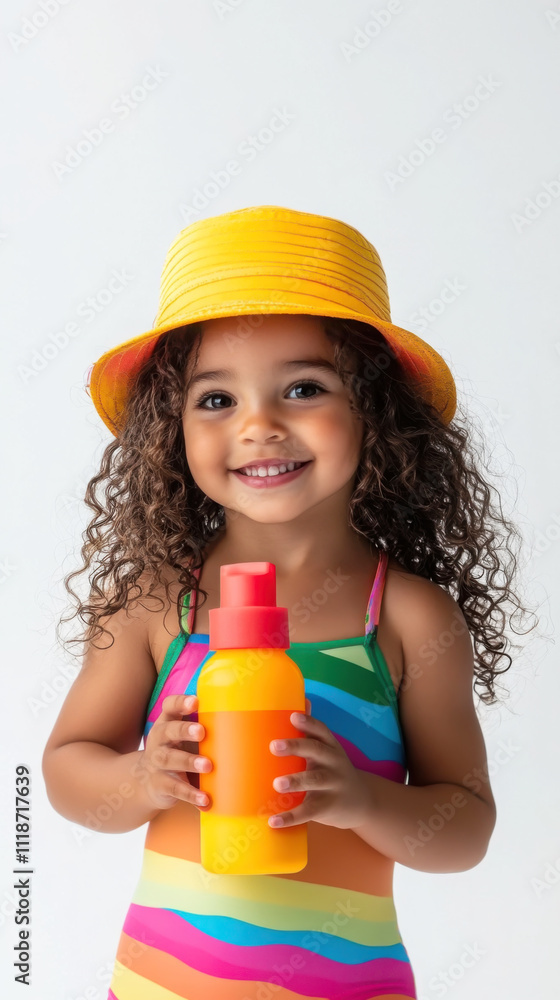 Joyful summer fun: smiling child in colorful beachwear with sun hat and toy Joyful summer fun: smiling child in colorful beachwear with sun hat and toy