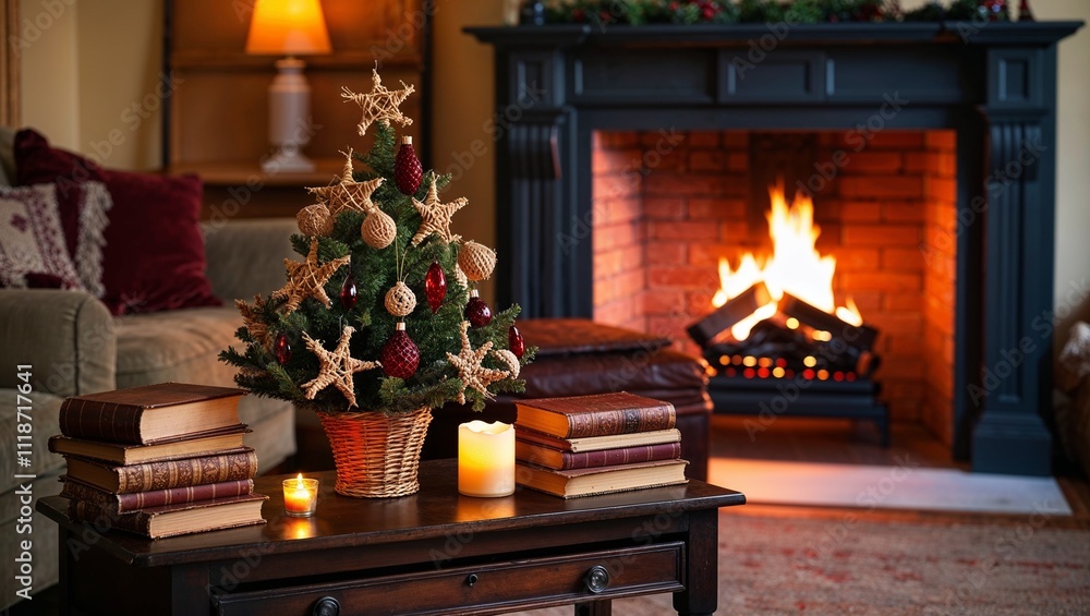 Small Christmas tree in cozy living room with fireplace Small Christmas tree in cozy living room with fireplace