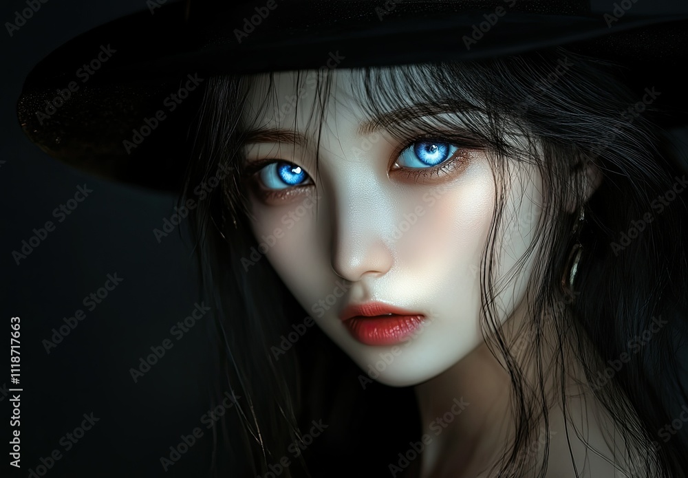 Haunting Elegance: Hyper-Realistic Portrait of a Korean Woman with Glowing Blue Eyes Haunting Elegance: Hyper-Realistic Portrait of a Korean Woman with Glowing Blue Eyes