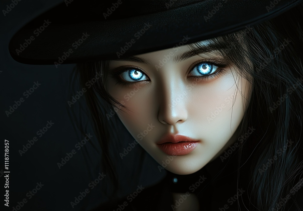 Haunting Elegance: Hyper-Realistic Portrait of a Korean Woman with Glowing Blue Eyes Haunting Elegance: Hyper-Realistic Portrait of a Korean Woman with Glowing Blue Eyes