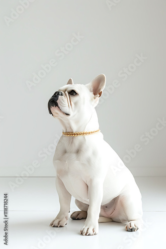 pet portraits, a peaceful bulldog in profile, set against a pristine white backdrop photo