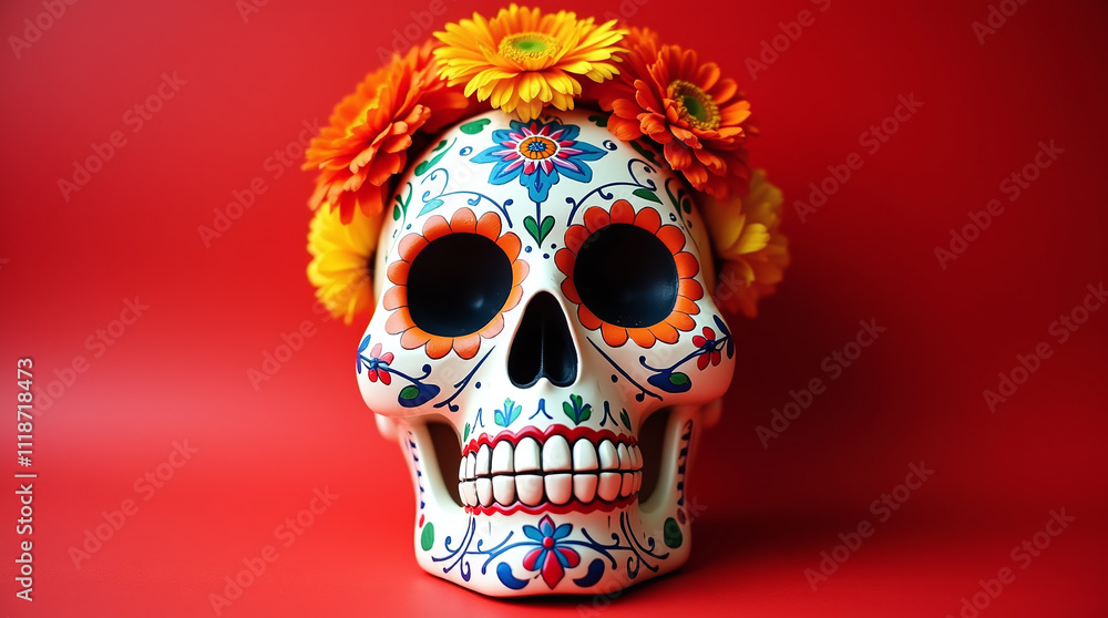 Dia del los Muertos Sugar Skull with Flowers for Mexican Celebration of the Dead Day, on Clean Red Background Dia del los Muertos Sugar Skull with Flowers for Mexican Celebration of the Dead Day, on Clean Red Background