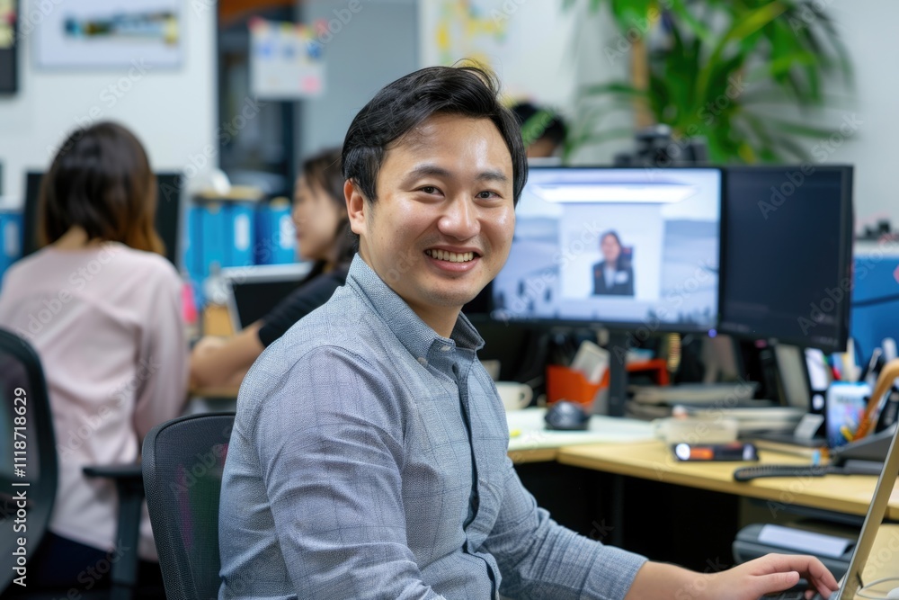 Happy Asian office worker with diverse colleagues in corporate setting. Happy Asian office worker with diverse colleagues in corporate setting.