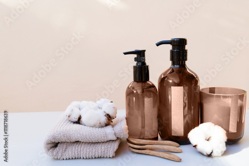 Bilde på lerret Minimal modern cosmetic products display with natural cosmetics on neutral beige