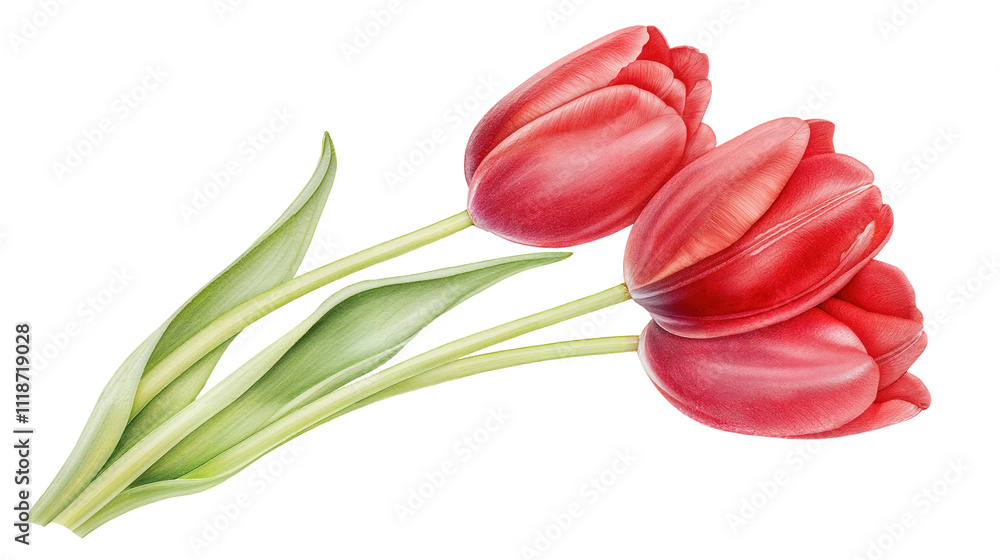 Beautiful Red Tulips With Vibrant Petals and Green Leaves Arranged Gracefully on a Clean Background Beautiful Red Tulips With Vibrant Petals and Green Leaves Arranged Gracefully on a Clean Background