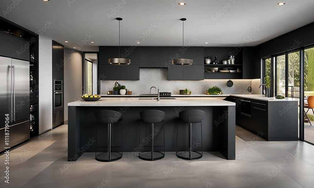 Modern black kitchen interior design with island, stools, and stainless ...