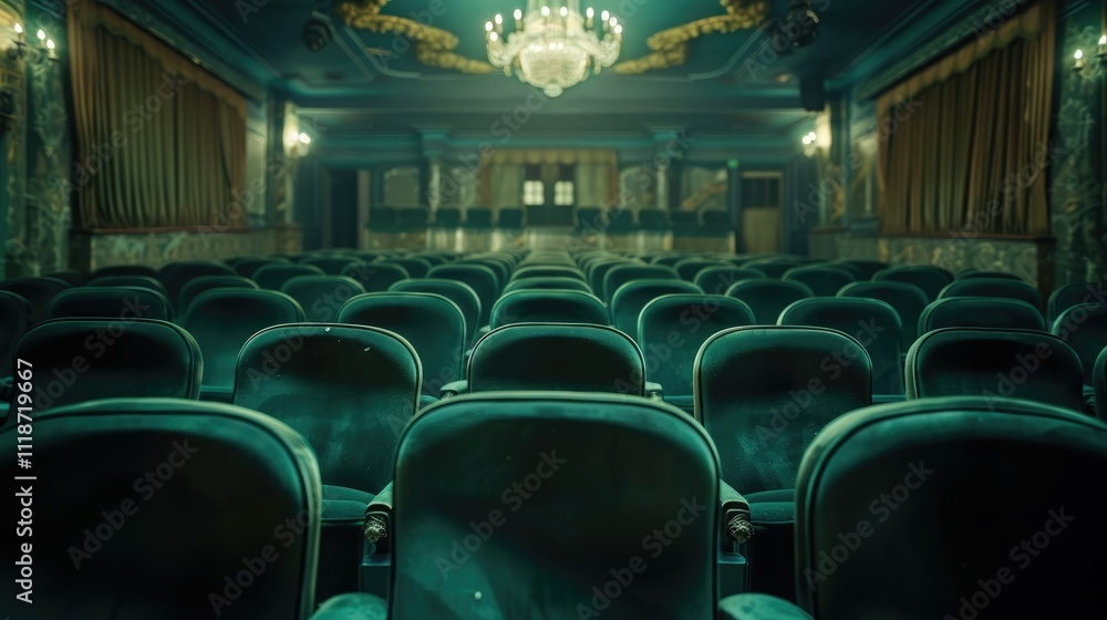 Empty teal theater seats in ornate auditorium.