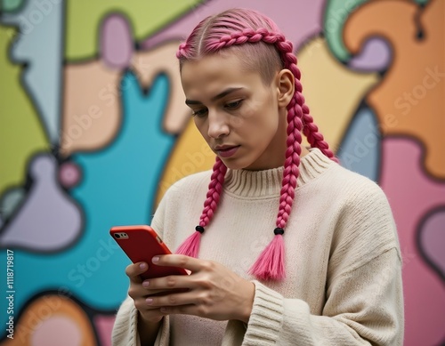 Caucasian teenage hipster girl with pink braids is using a smartphone against the background of a multicolored street wall.Summer concept.Generation Z style.Social media concept. photo