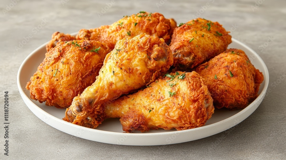 A plate of golden, crispy fried chicken drumsticks garnished with herbs. A plate of golden, crispy fried chicken drumsticks garnished with herbs.